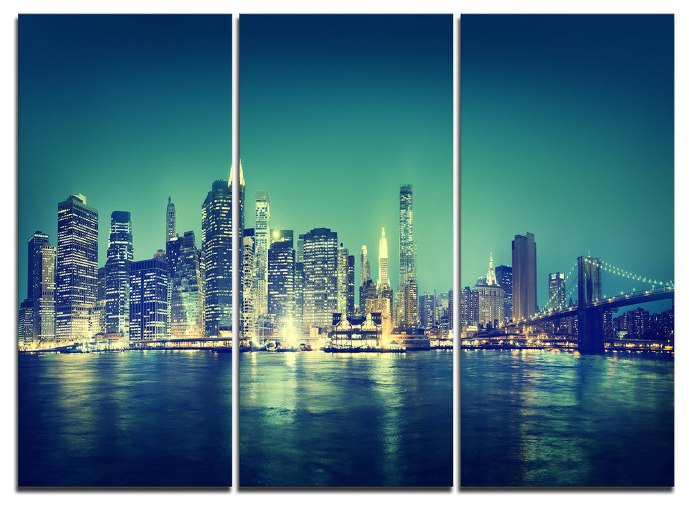 "New York City Panorama Night Concept" Metal Wall Art, 3 Panels, 36"x28"
