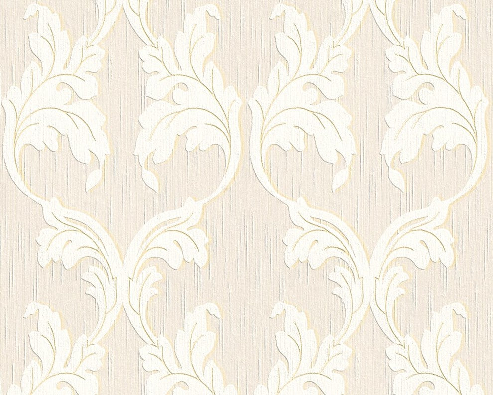 Tessuto, Baroque Fabric Cream Wallpaper Roll, Wall Decor Accent