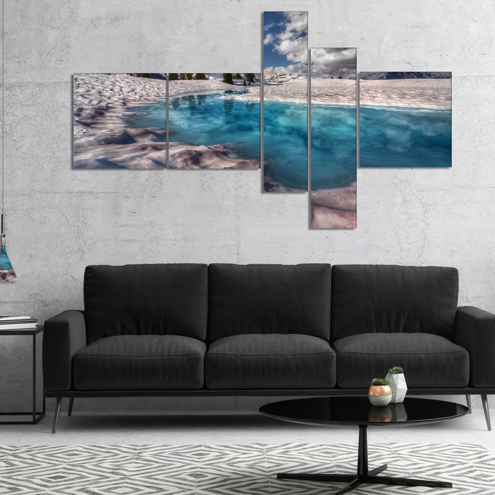 Amazing Blue Melt Lake in Fog, Large Landscape Canvas Print, 60"x32", 5 panels