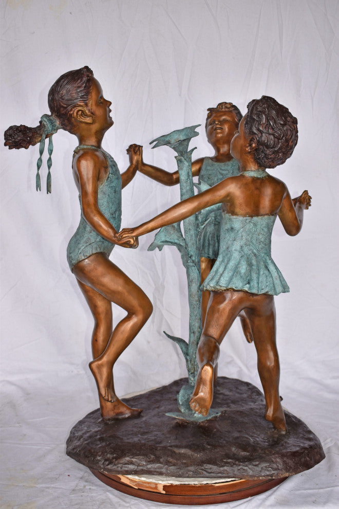 Three Girls Dancing Around Water Fountain Bronze Statue - Size: 35" x 24" x 38