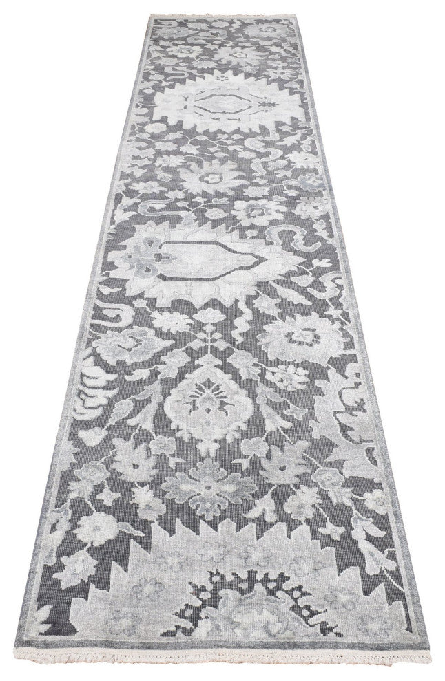 Nevada Gray Hand Knotted Oushak Influence Silk With Wool Runner Rug 2'6"x11'10"