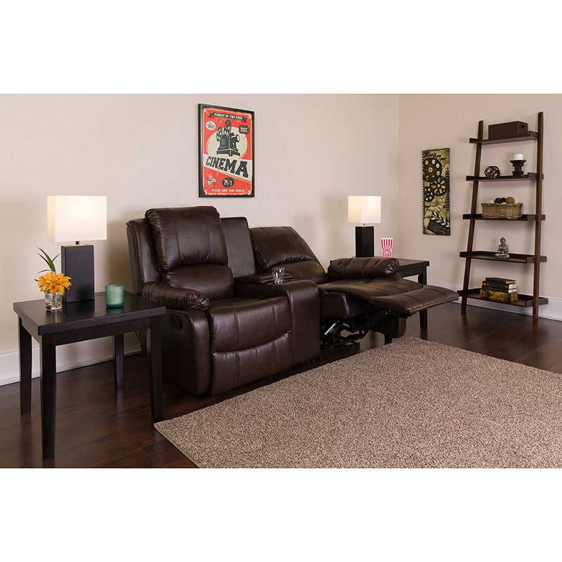 Modern 2-Seat Reclining Pillow Back Brown Leather Theater Seating