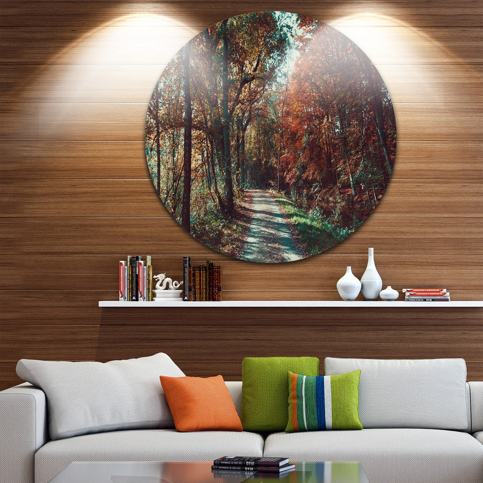 Road Through Red Fall Forest, Landscape Photo Disc Metal Artwork, 11"
