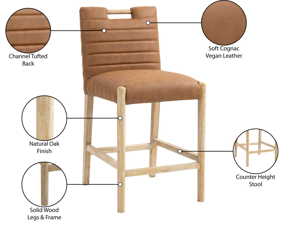 Aimee Upholstered Counter Stool, Cognac, Vegan Leather, Natural Oak Finish