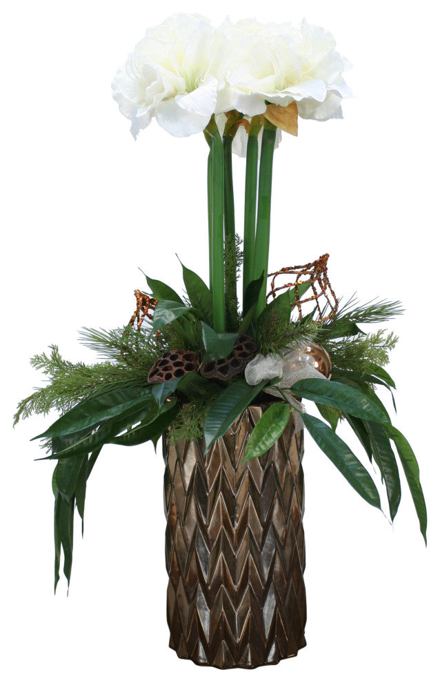 White Amaryllis in Bronze Planter with Pine