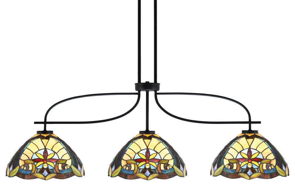 Cavella 3 Light Island Light, Matte Black Finish, 12" Earth Star Art Glass