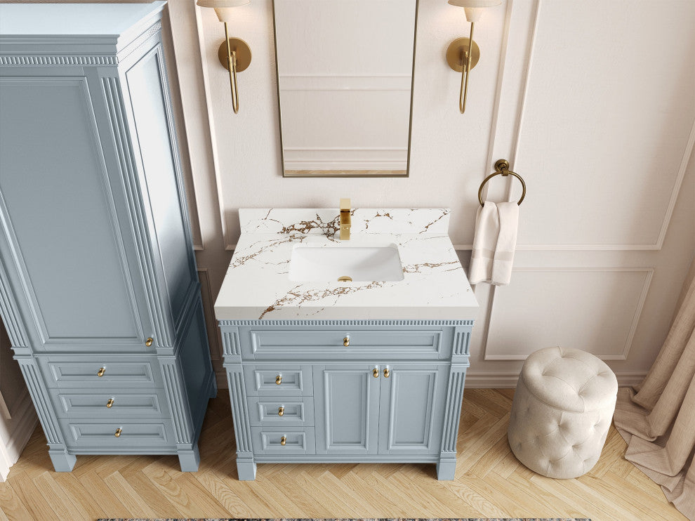Paris 36" Center Sink Bathroom Vanity, Blue Heather 2" Viola Brown