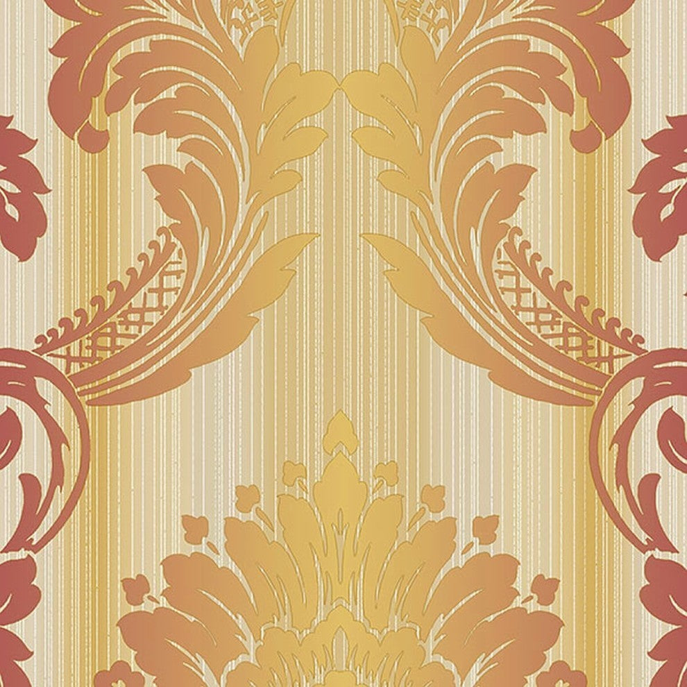 Classic Silks 2, Damask Stripes Silk Emboss Red, Yellow Wallpaper Sample