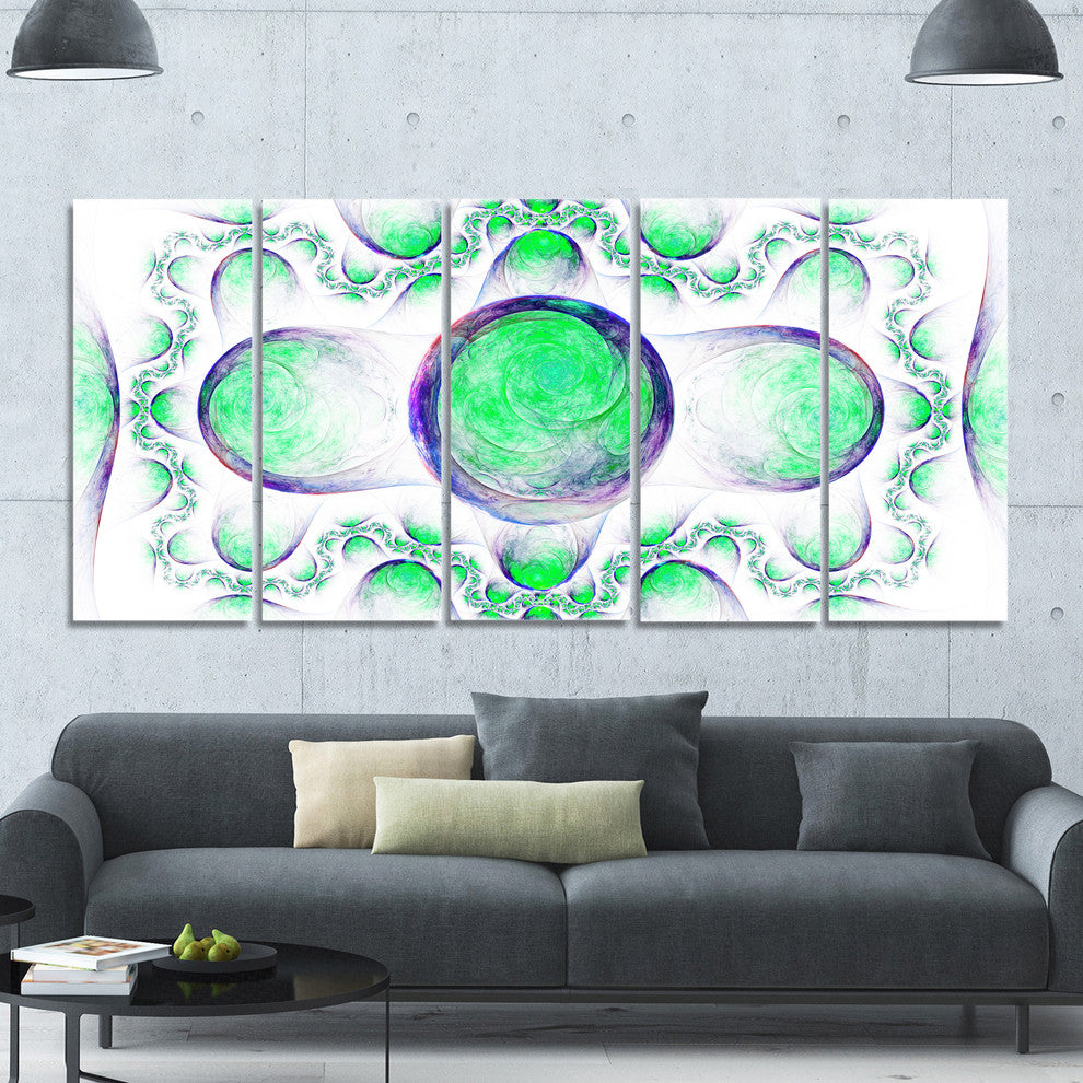 Green Exotic Pattern on White, Abstract Art on Canvas, 60"x28", 5 Panels