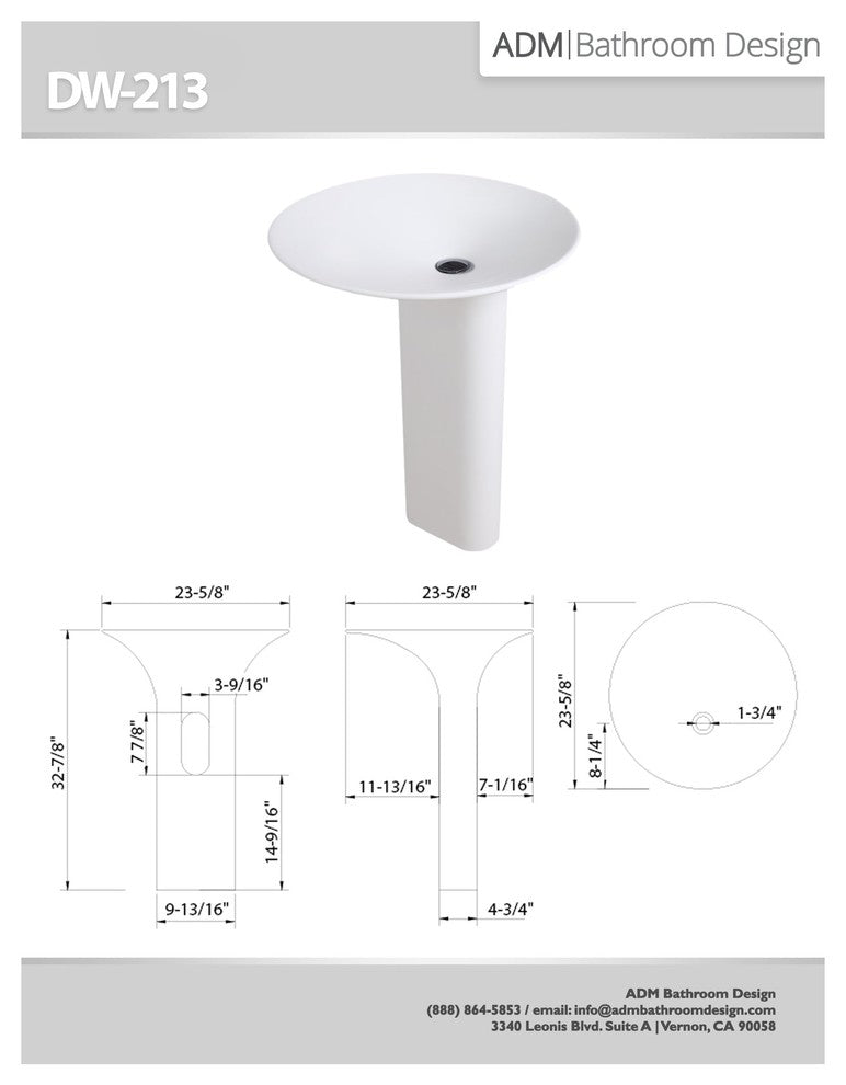 ADM Circular Freestanding Pedestal Sink, White, 23", Matte White
