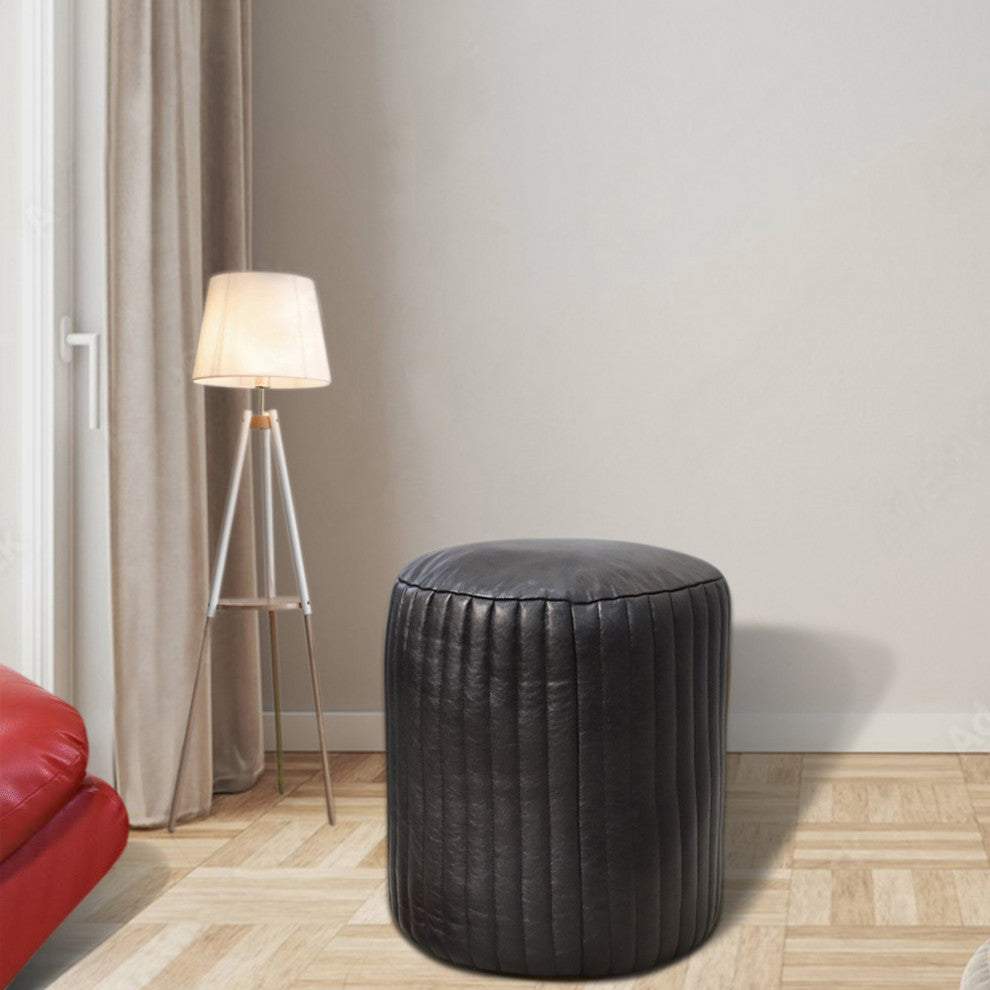 Poufs-Solid Handmade Goat Leather Pouf, Recycled Cotton Fill, Black, Round, 16x16x16