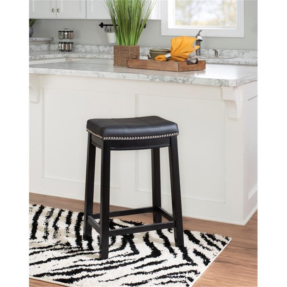 Linon Claridge Wood Backless Counter Stool Nailhead Trim Faux Leather in Black