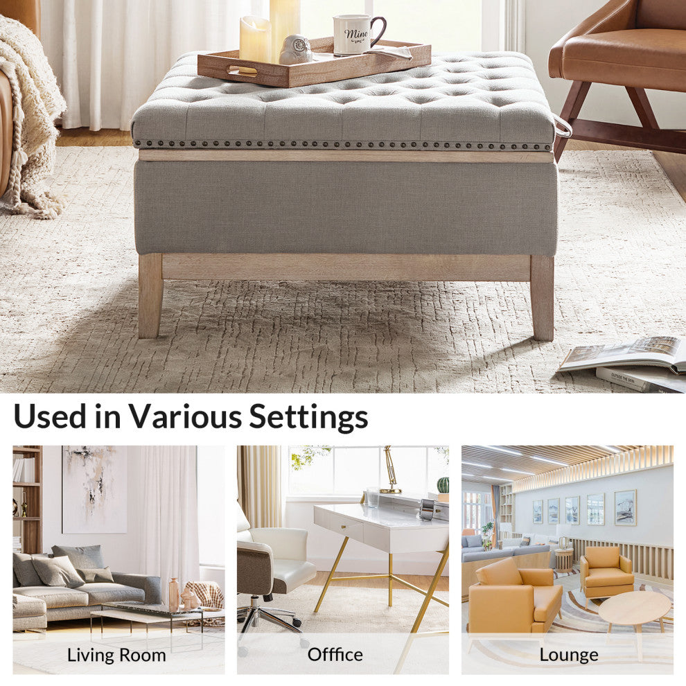 Upholstered Storage Cocktail Ottoman With Solid Wood Legs, Gray