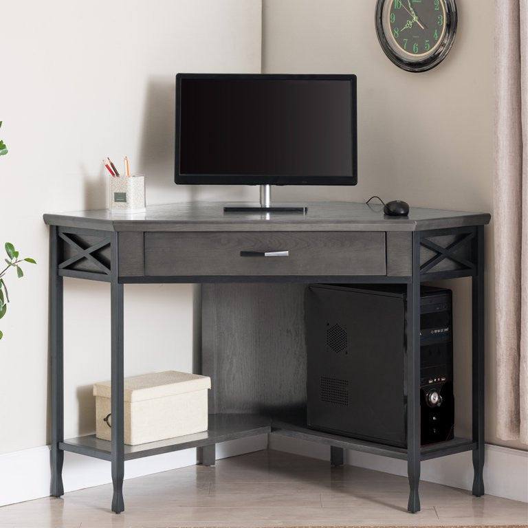 Corner Desk, Hardwood Construction With X-Shaped Accents & Full Extension Drawer