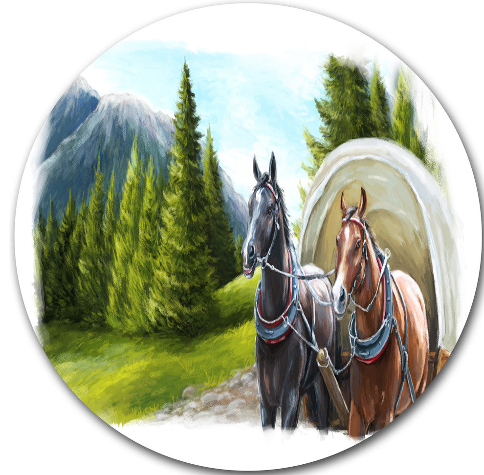 Road In Mountains With Horses, Landscape Round Wall Art, 36"