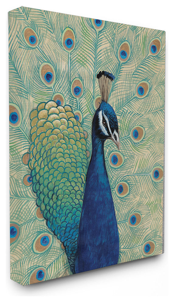 "Blue Peacock Looking Right" Stretched Canvas Wall Art