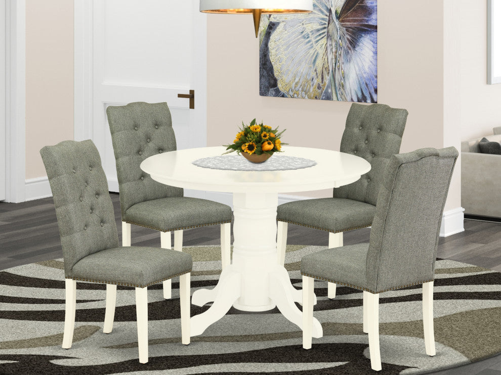 5Pc Dining Set - 4 Parson Chairs, Table Solid Wood Frame, Linen White Finish