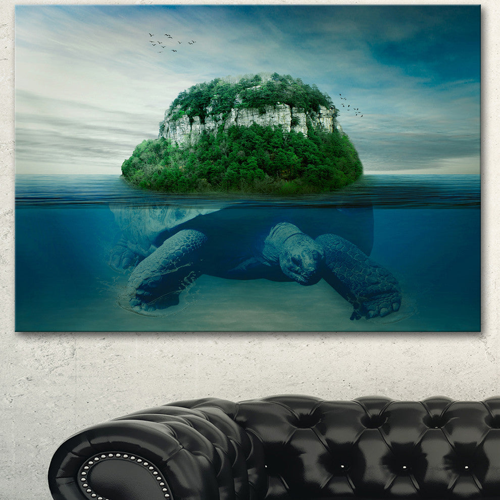 Giant Turtle Carrying Island, Oversized Abstract Canvas Art, 40"x30"