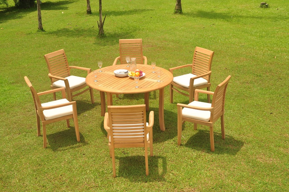 7-Piece Outdoor Teak Dining Set: 52" Round Table, 6 Mas Stacking Arm Chairs