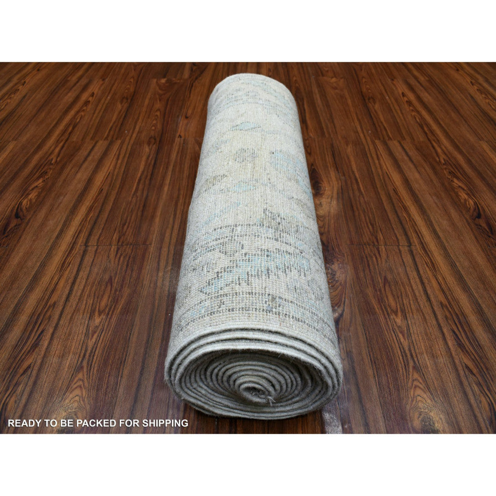 Hand Knotted Angora Oushak Afghan Runner, Serrated Leaf Border Rug, 2'6"x19'9"