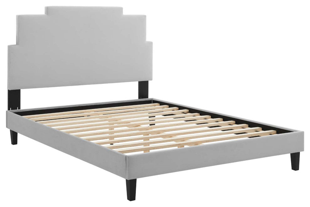 Lindsey Performance Velvet Twin Platform Bed, Light Gray