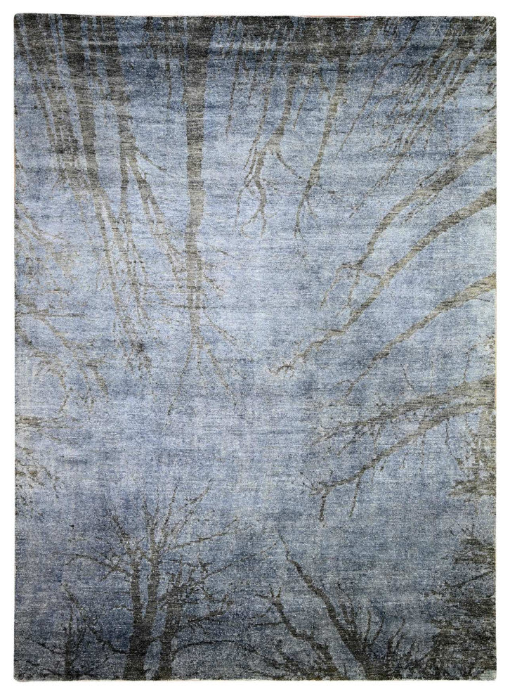 Blue Gray Modern Tree Dusk Design Wool Hand Knotted Oriental Rug 8'10"x12'1"