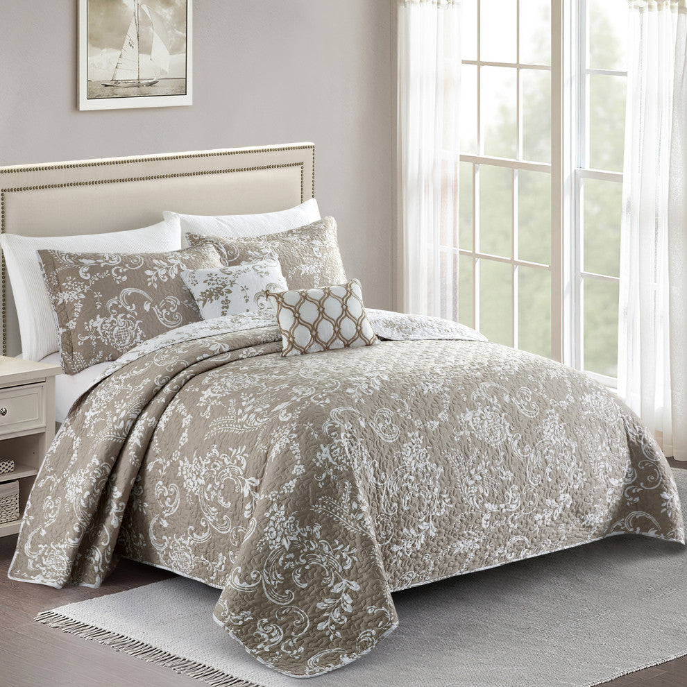 LA Boheme 5 Piece Printed Bed Spread Set, Taupe, Queen