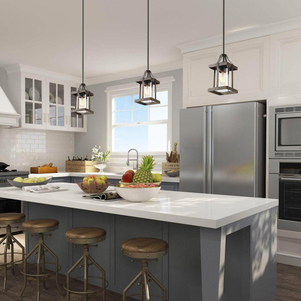 LALUZ 1-Light Antique Brown Wood and Clear Glass Mini Lantern Pendant Lighting