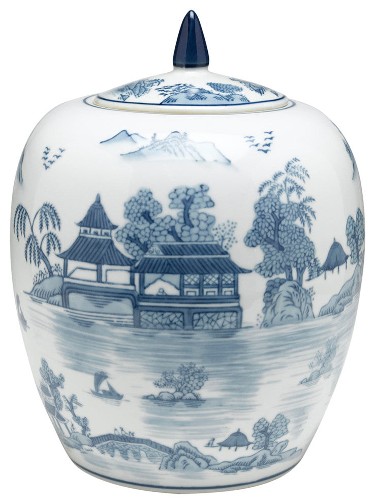 Blue and White Round Jar With Lid