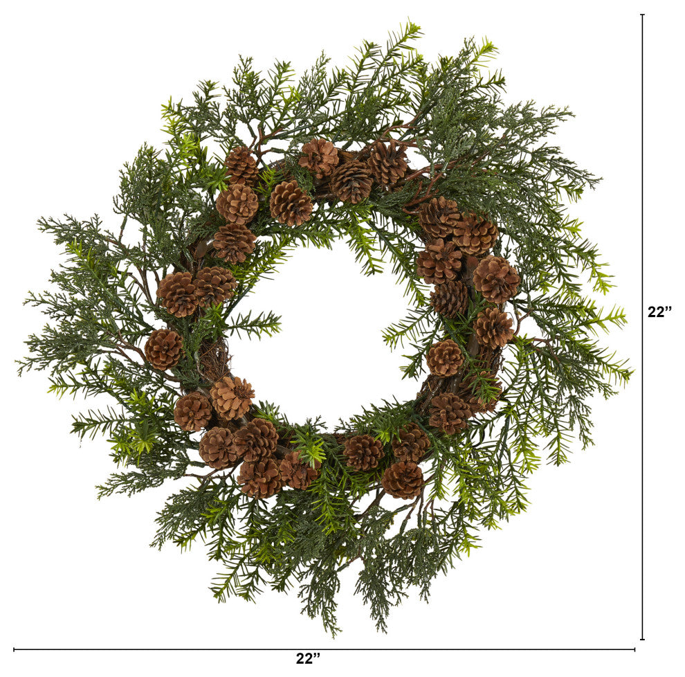 22ï¿½ Cedar, Grass and Pine Cone Artificial Wreath UV Resistant (Indoor/Outdoor)
