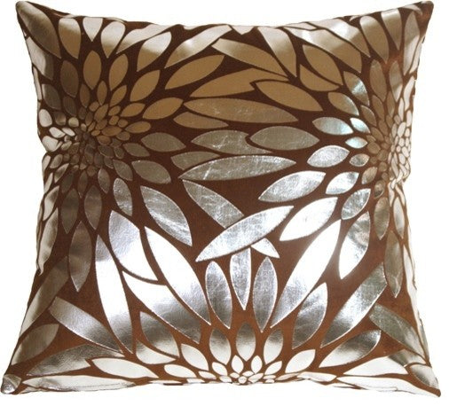 Pillow Decor - Metallic Floral Brown Square Throw Pillow