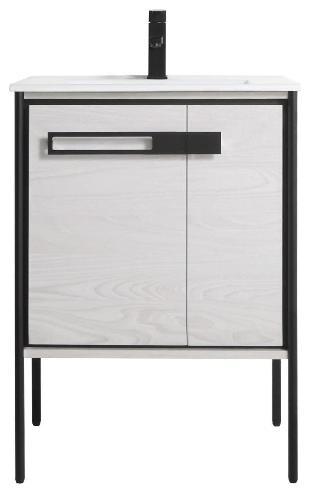 Oakville Bath Vanity, Ceramic Sink, Mild Grey Oak, 24 Inch, Black Hardware