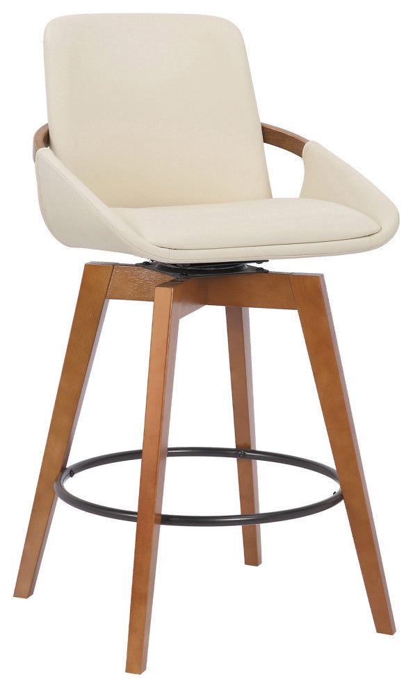 26" Luxurious Cream and Walnut Faux Leather Swivel Bar Stool