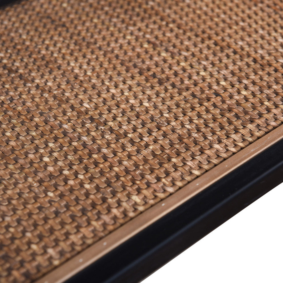 Aaron Console Table Graphite Metal, Clear Glass Top, Rattan Lower Shelf