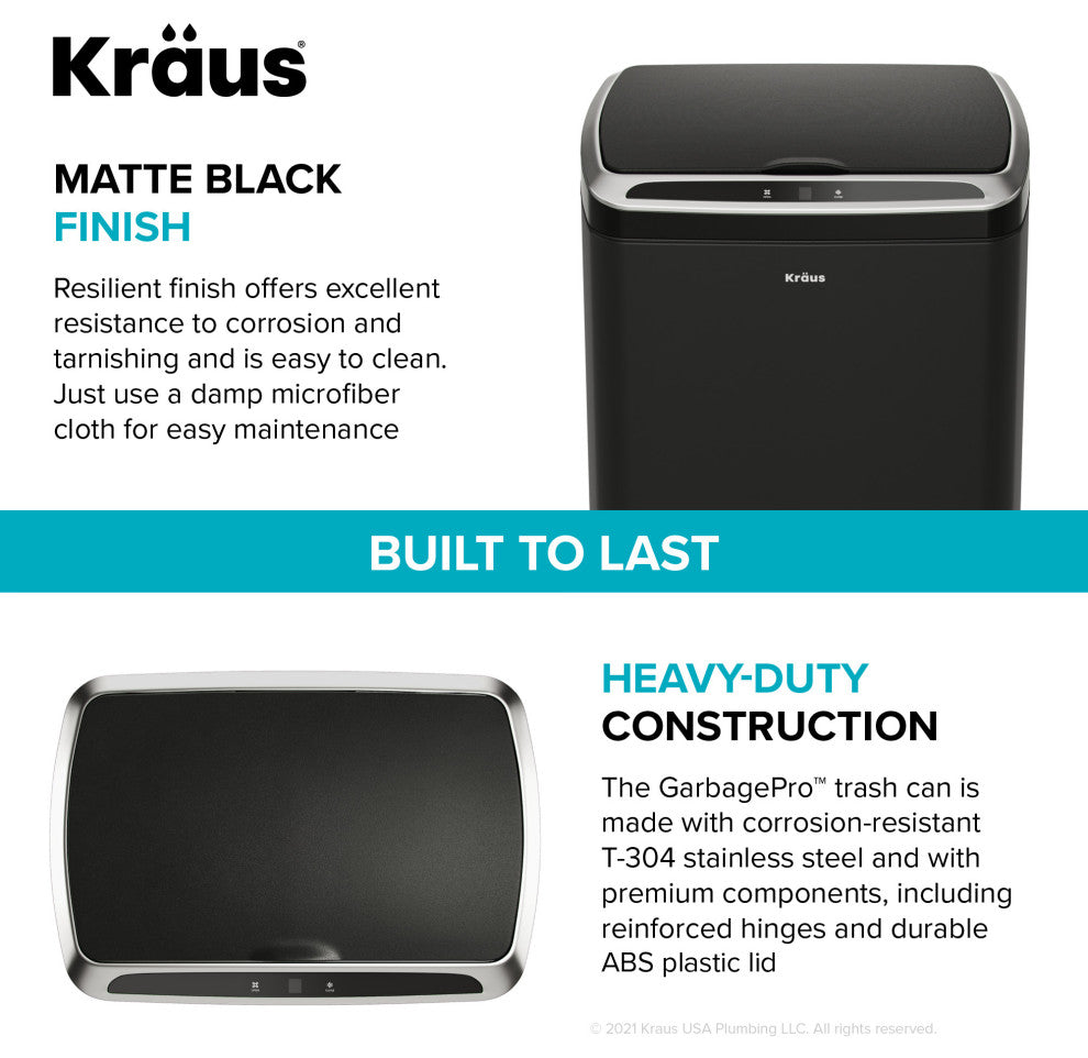 GarbagePro Rectangular 13 Gal Touchless Motion Sensor Matte Black Trash Can