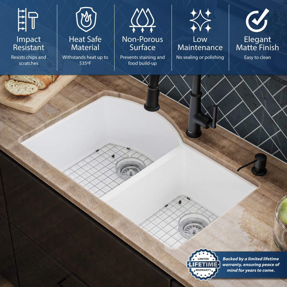 Karran Undermount Quartz 32" 60/40 Double Bowl Kitchen Sink Kit, White