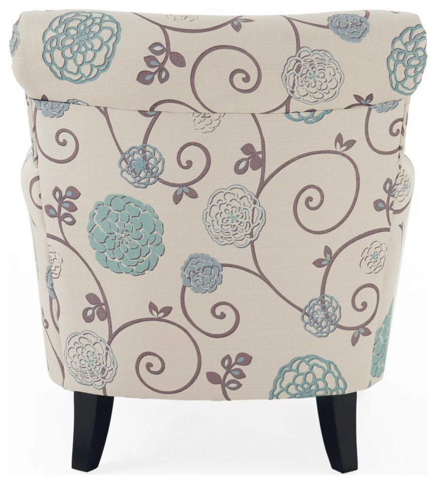 Comfortable Accent Chair, Floral Patterned Polyester Upholstery With Rolled Arms