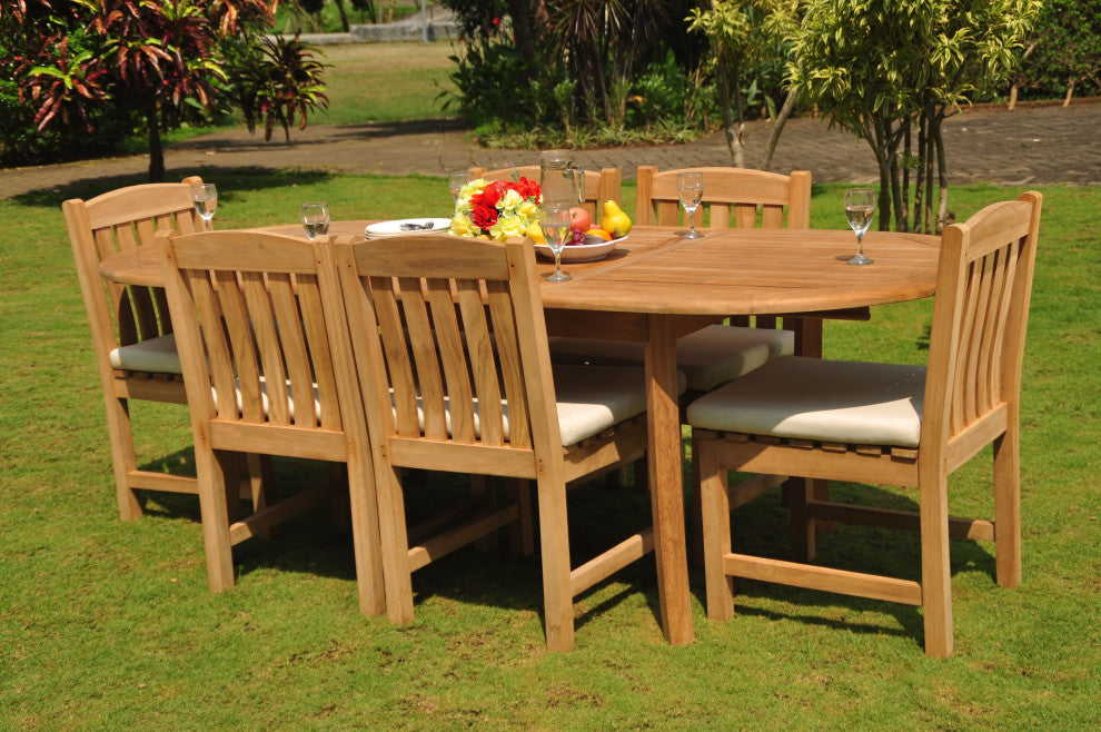 7-Piece Outdoor Teak Dining Set 94" Extension Oval Table, 6 Devon Armless Chairs