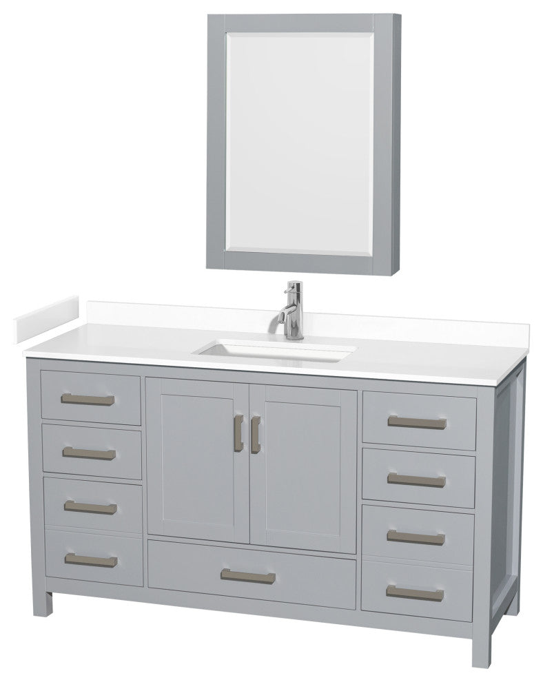 60"SGL Bathroom Vanity Gray, White Cult. Marble Countertop, Sink, Med. Cabinet