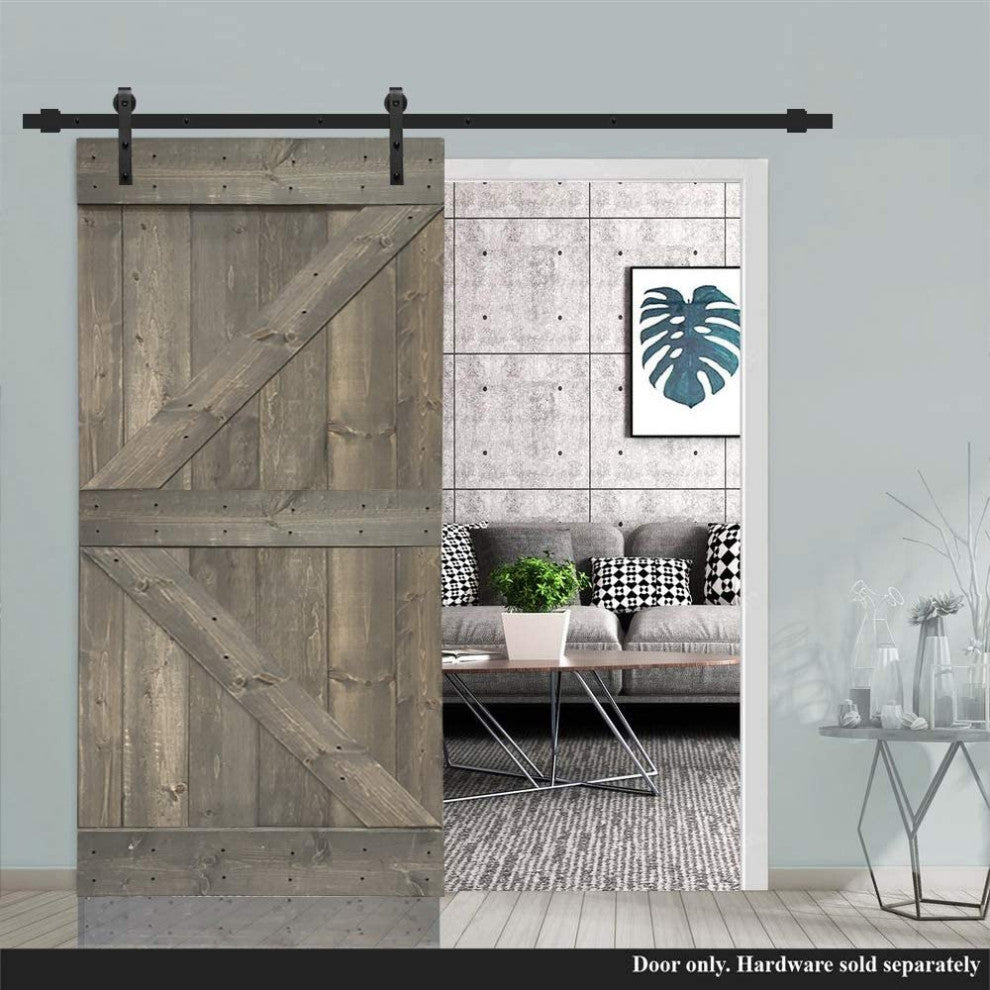 Stained Solid Pine Wood Sliding Barn Door, Weather Gray, 38"x84", K Series