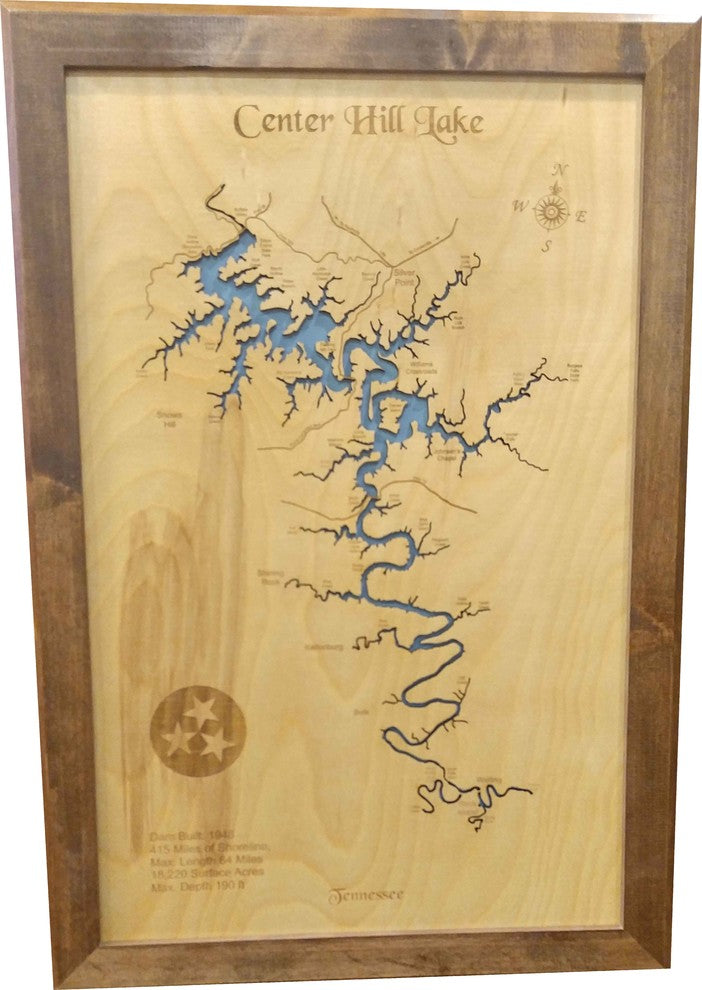 Center Hill Lake, Tennessee-Wood Lake Map, Medium Framed
