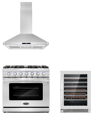 3-Piece, 36" Gas Range, 36" Range Hood and 48 Bottle Wine Refrigerator