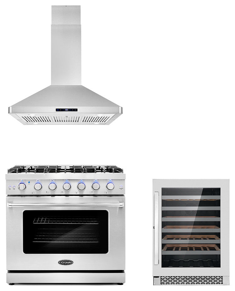 3-Piece, 36" Gas Range, 36" Range Hood and 48 Bottle Wine Refrigerator