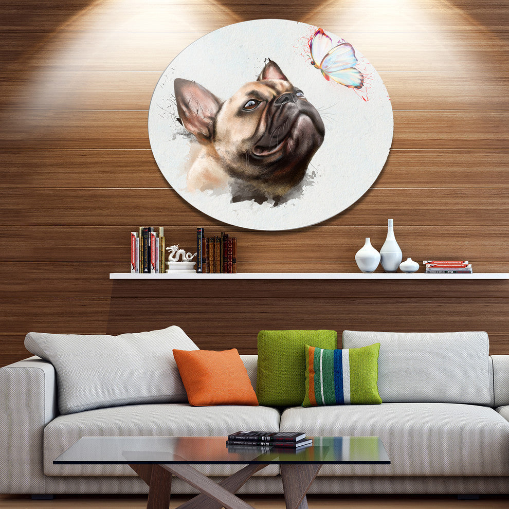 Funny French Dog With Butterfly, Animal Disc Metal Artwork, 36"