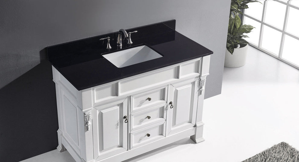 Virtu Huntshire 48" Single Bathroom Vanity, White, Black Granite Top, Mirror