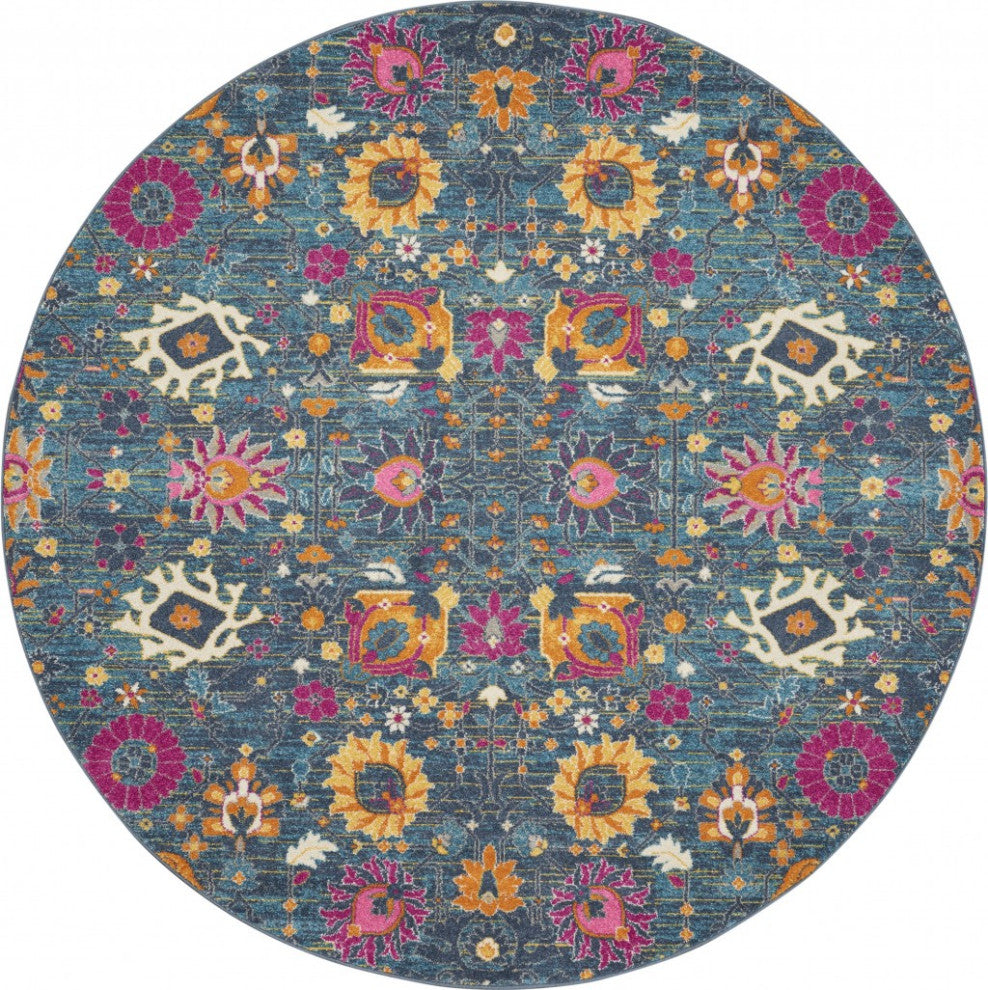 8 Round Denim Blue Florals Distressed Area Rug