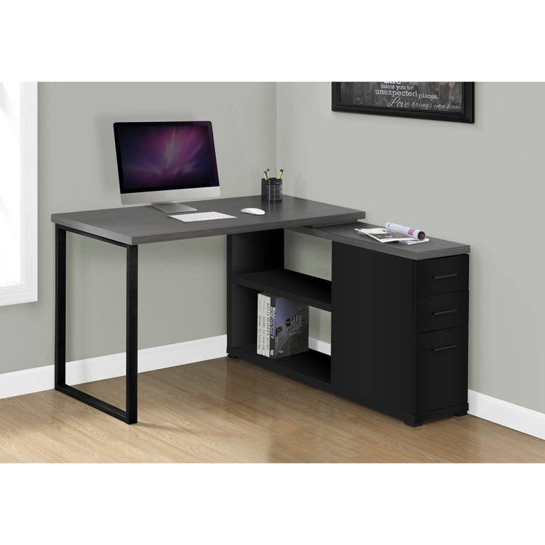 Modern L-Shaped Desk, Black Base With Ample Storage Space & Large Gray Top
