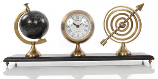 24" X 5.5" X 10.75" Armillery Clock And Globe On Wood Base