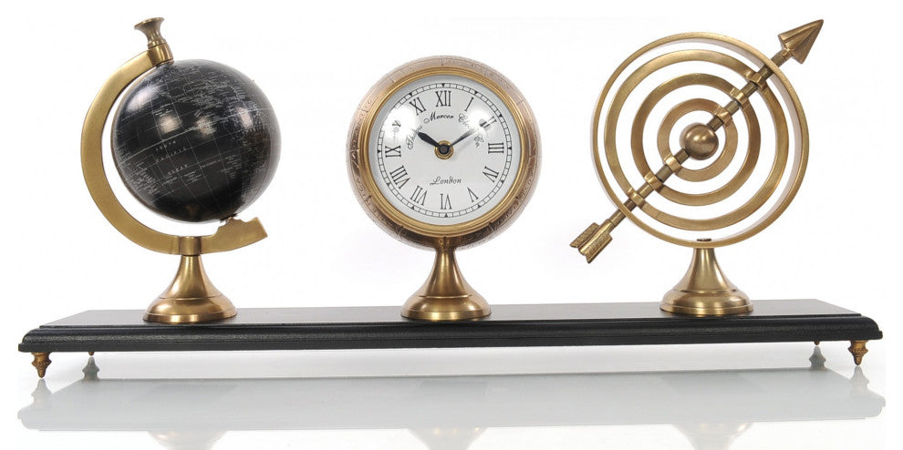 24" X 5.5" X 10.75" Armillery Clock And Globe On Wood Base