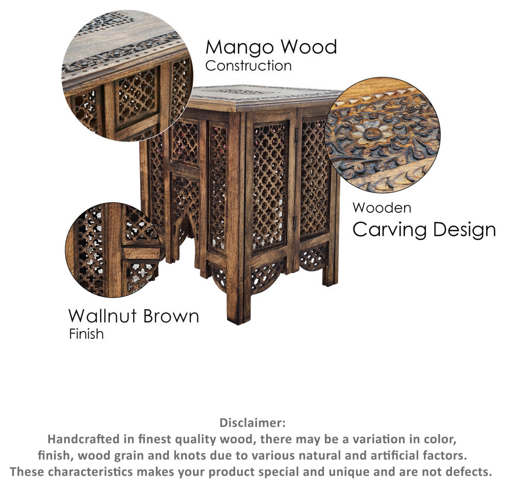 21" Boho End Table Floral Carved Foldable Panel Legs Walnut Brown